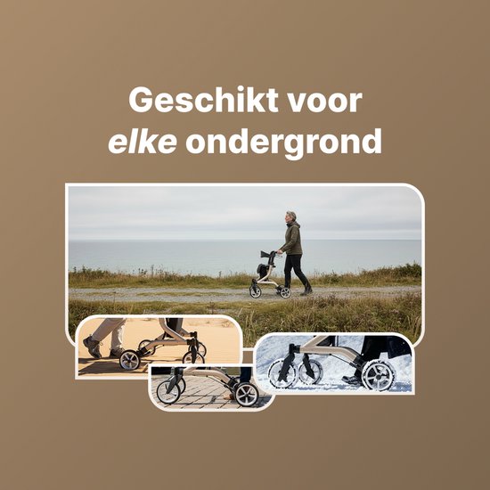 Vrouw met champagnekleurige rollator loopt aan de kust. Extra afbeeldingen tonen de rollator op zand, gras en sneeuw.