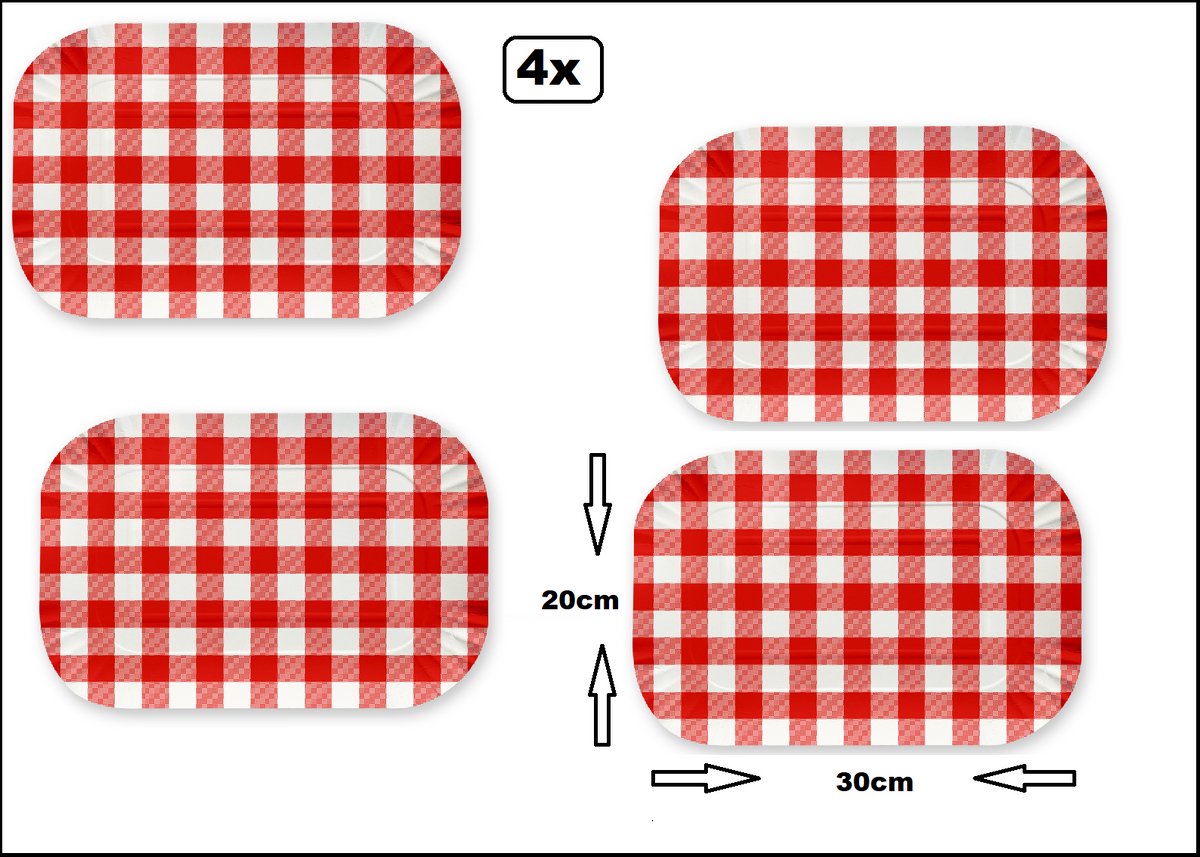 4x Serveerschaal 30cm x 20cm boerenbont rood/wit - karton - Hapjes snacks food eten thema feest uitdeel