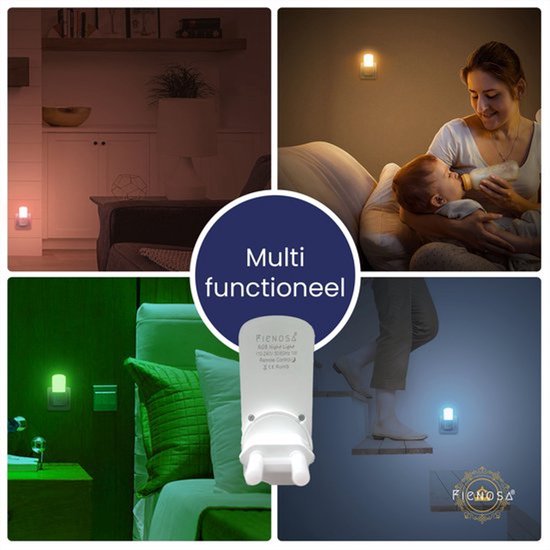 Fienosa Nachtlampje Stopcontact - 2 Stuks - Met Afstandsbediening - Dimbaar & Timer - Multi Kleur RGB & Warm Wit - Voor Kinderkamer & Baby van Merkloos — afbeelding 4
