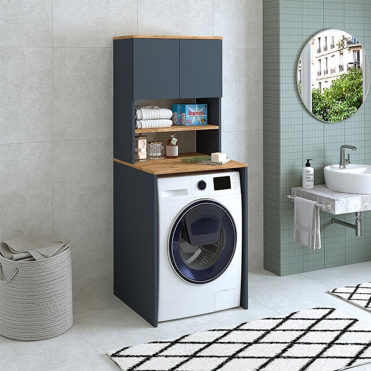 Badkamer, wasmachineombouw, wastoren, wasmachinerek, BHD: 65 x 181 x 60 cm (antraciet eiken)