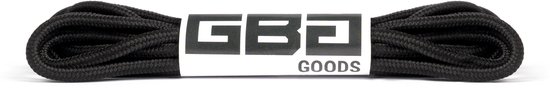 Zwarte ronde veters van GBG Goods met een wit label.