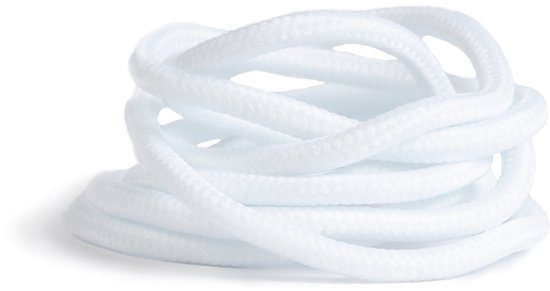 Een witte, ronde veter opgerold in een cirkel op een witte achtergrond.