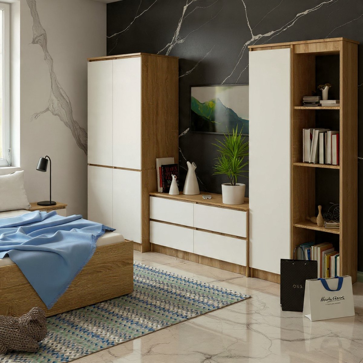Luxe Moderne 4-Deurs Kledingkast met Spiegel – Sonoma Eiken/Wit – 90x51x180 cm – Ruime Slaapkamer Kast met 4 Planken + Kledingstang – Robuuste Gelamineerde Spaanplaat Garderobekast – Zelfmontage - House & Garden