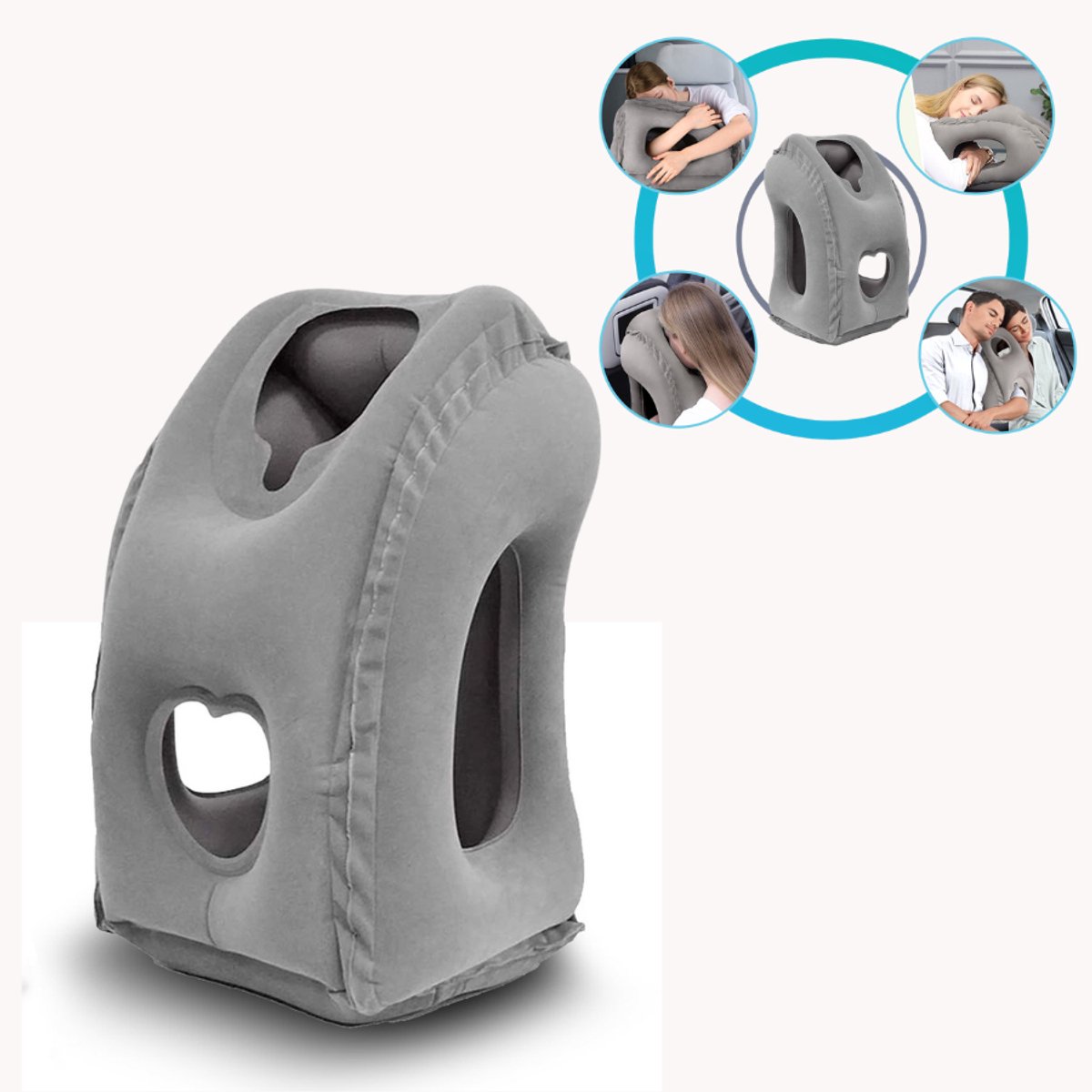 Opblaasbaar Reiskussen – Ergonomisch Slaapkussen voor Vliegtuig, Auto & Trein – Compact Opblaasbaar Reis Kussen met Arm- & Hoofdsteun – Grijs