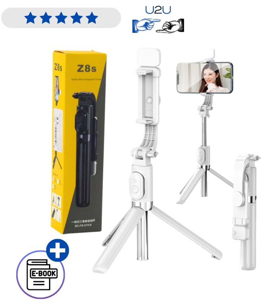 ZS8 Selfie Stick Tripod Met Bluetooth Afstandsbediening Wit Uitschuifbaar Tot 102 cm 360° Draaibare Telefoonhouder Voor Android En iOS Vlog Statief Voor Smartphone Foto En Video Met Ebook
