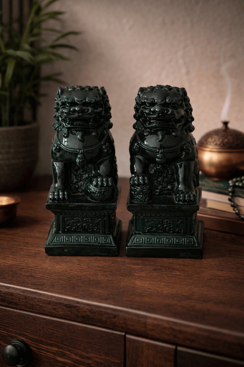 Leeuwenwachters set – groen – 2 stuks – boeddhistische beschermleeuwen – Feng Shui decoratie – hoogglans beeldjes