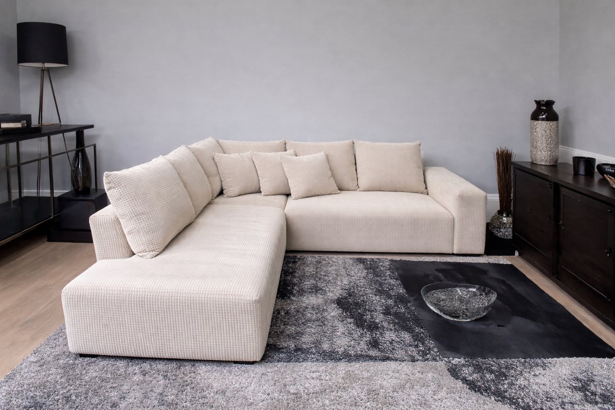Moderne Hoekbank met Lounge Links – Koningstijl - Dove Ribstof (Corduroy) – Inclusief Kussens – Comfortabele Zit- en Loungebank voor Woonkamer