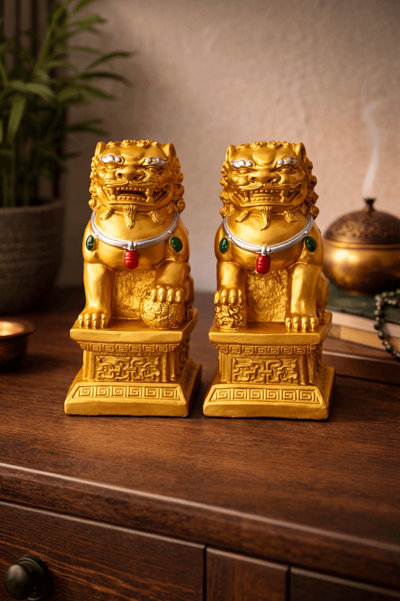 Leeuwenwachters set – goud gekleurd – 2 stuks – boeddhistische beschermleeuwen – Feng Shui decoratie – hoogglans beeldjes