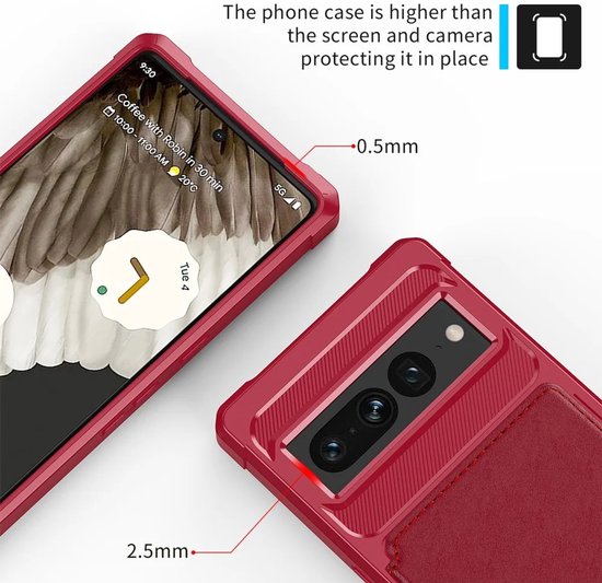 Étui portefeuille adapté pour Google Pixel 7 Pro - Coque arrière avec porte-carte - Étui de téléphone pour carte de débit - Porte-carte à l'arrière - Étui avec aimant pour support de voiture Rouge