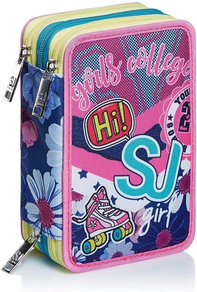 Leren Pennen etui met 3 vakken voor school en college - Roze