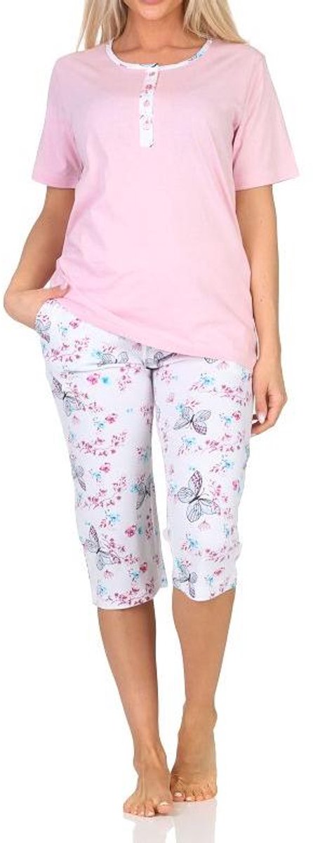 Normann capri damespyjama met korte mouwen en capri pyjamabroek in Floral Allover Print rosa