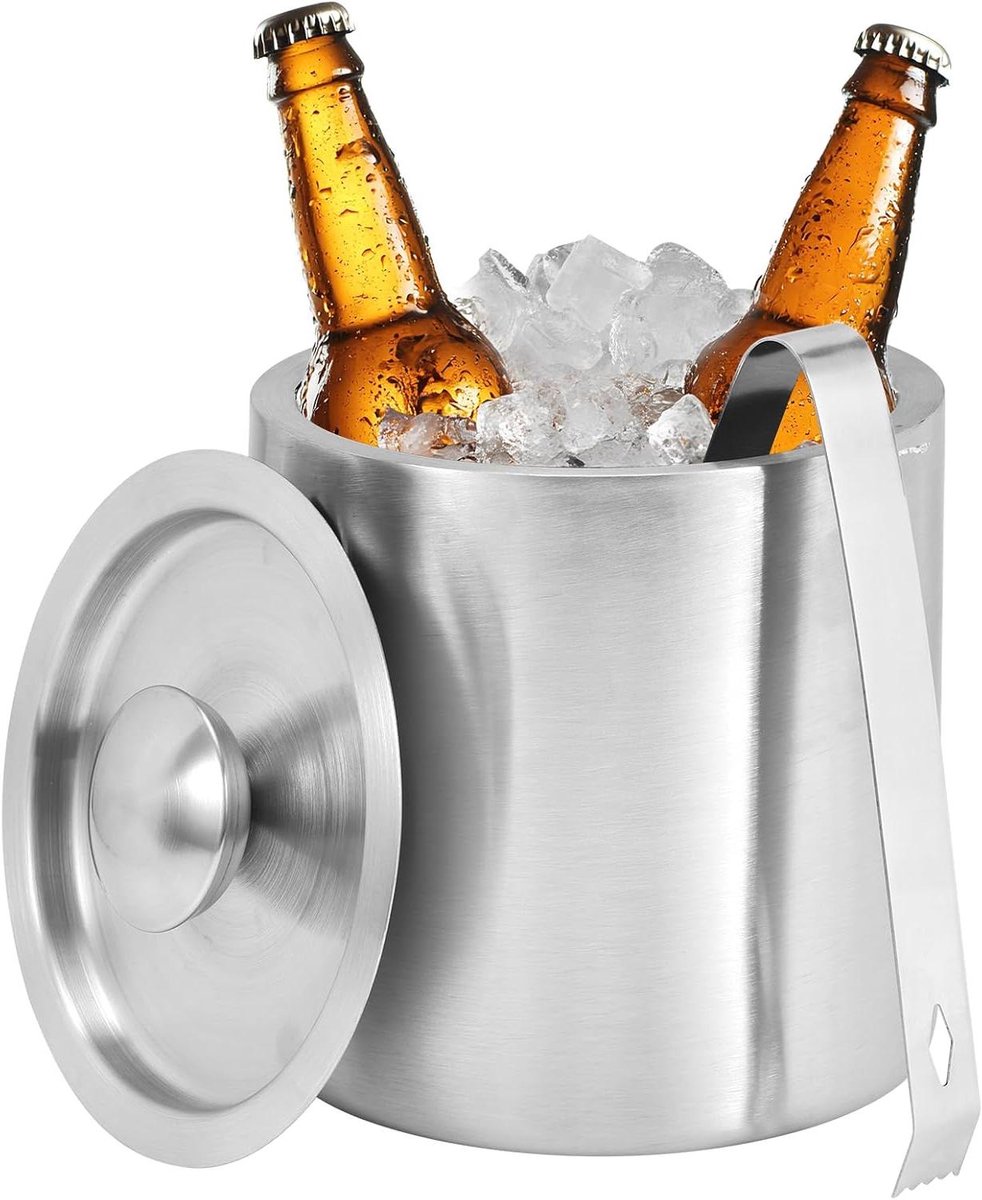 Roestvrijstalen ijsemmer met deksel en tang - ideaal voor cocktails, bier, wijn - 1,3L capaciteit