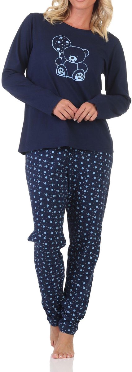 Normann damespyjama met lange mouwen en een schattig teddymotief navy