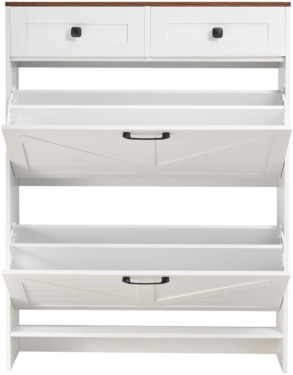 Vevor Schoenenkast met 2 deuren, Kantelbeveiliging en Lades, Ruimtebesparende Schoenenkast, Vrijstaande Schoenenkast voor In de Hal, Woonkamer, Veranda, Schoenenrek 80x24x105 cm, Wit Wit + Walnoot