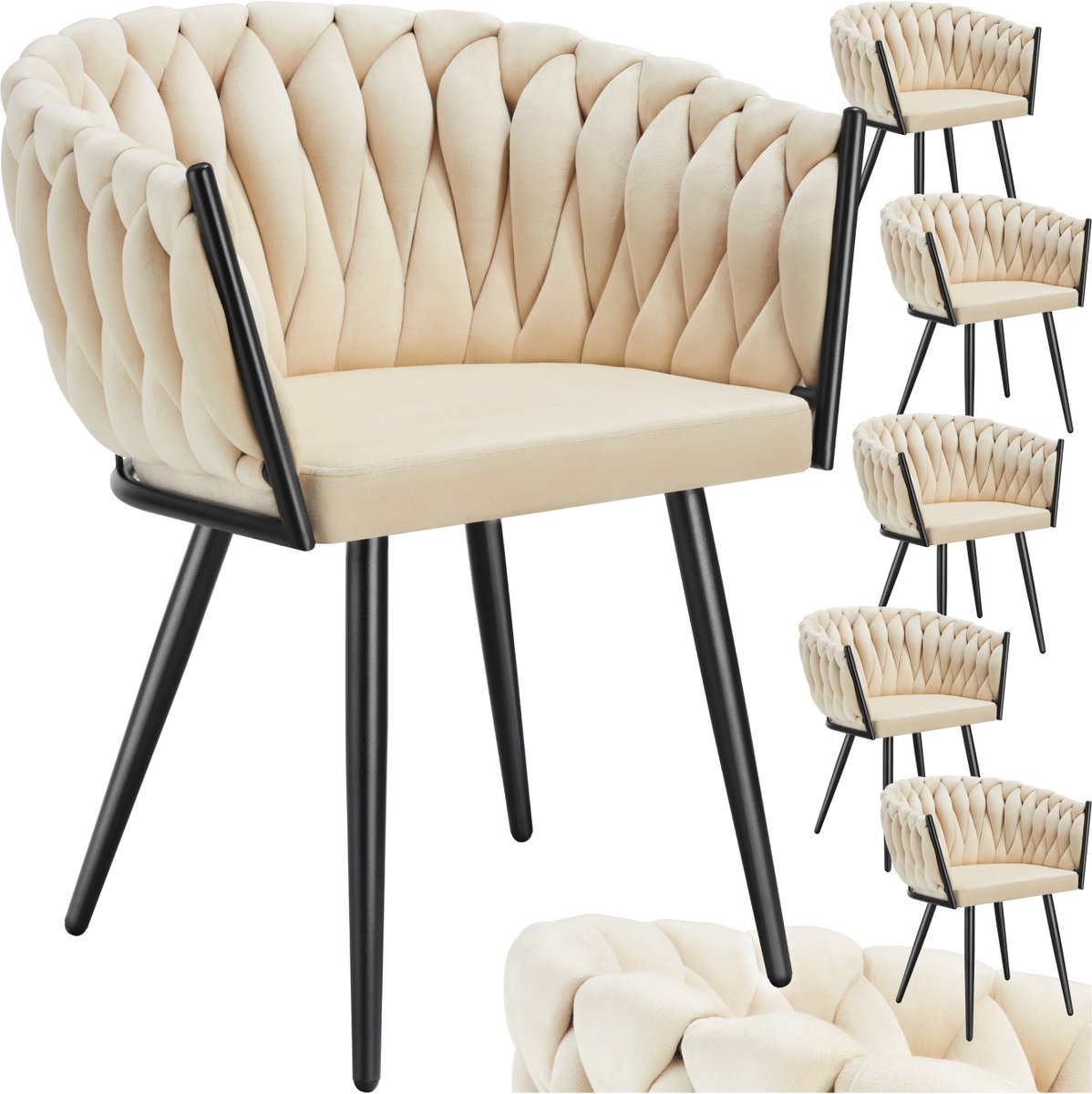 Tectake Set van 6 Fluwelen eetkamerstoelen - Kuipstoel met armleuning in knooplook - Eetkamerstoel - Moderne stoel voor woonkamer en eetkamer - Keukenstoel - Kaptafelstoel - Slaapkamerstoel - Diverse kleuren - Zandkleur