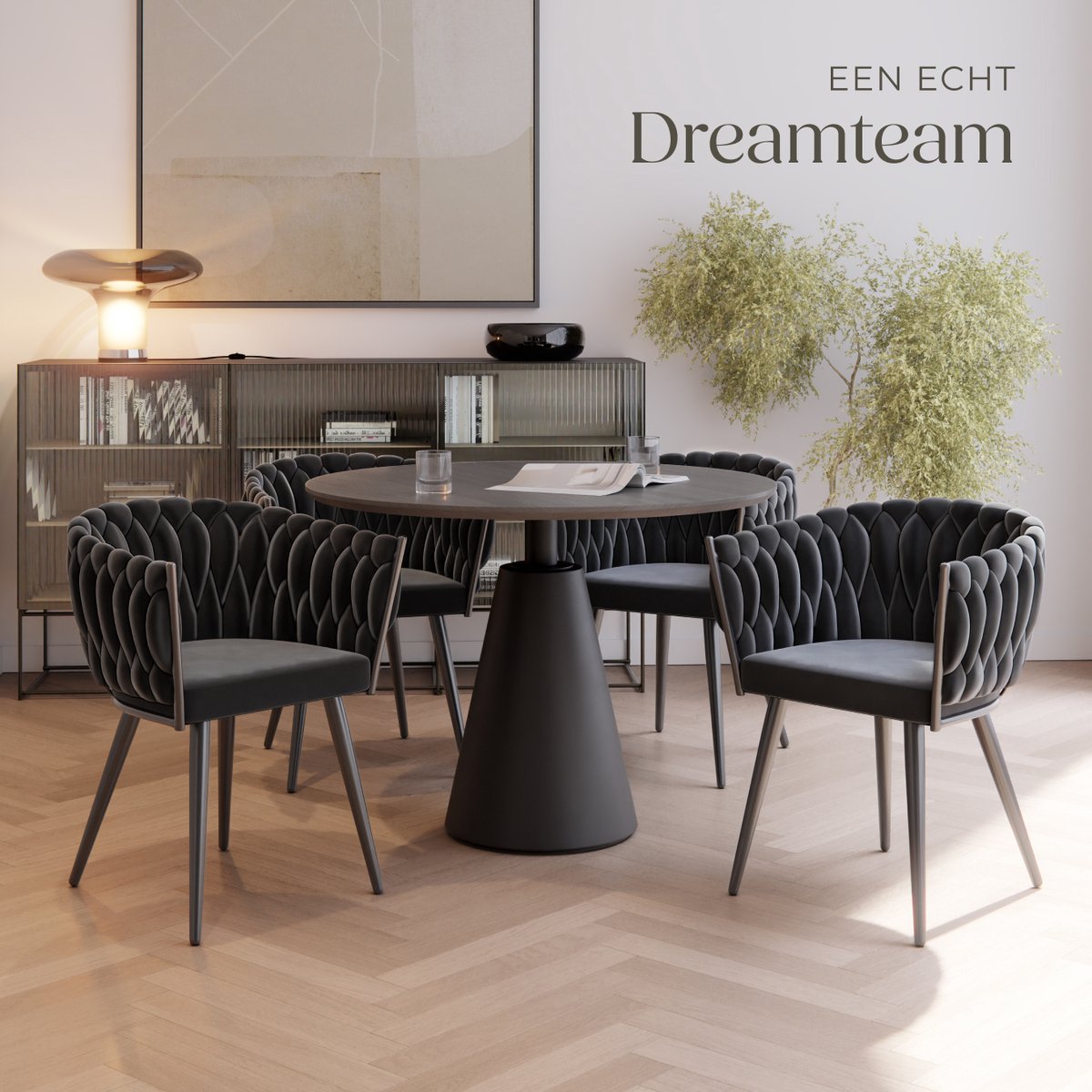 tectake® Set van 4 Fluwelen eetkamerstoelen - Kuipstoel met armleuning in knooplook - Eetkamerstoel - Moderne stoel voor woonkamer en eetkamer - Keukenstoel - Kaptafelstoel - Slaapkamerstoel - Diverse kleuren - Zwart – foto 7