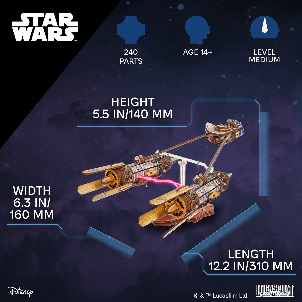 UGEARS 3D Modelbouw - Anakin Skywalker's Podracer - Star Wars - Mechanisch Bouwpakket Hout - Educatief Speelgoed — afbeelding 15
