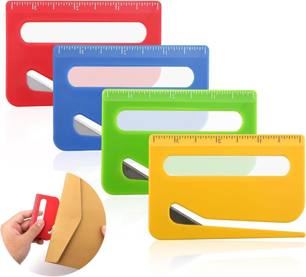Enveloppenopener met Schaalverdeling en Vergrootglas - Set van 4 - Postopener in 4 Kleuren - Handige Enveloppensnijder
