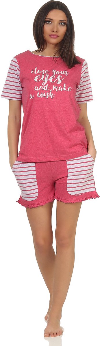 Normann Casual damespyjama met korte mouwen in collegelook met opdruk en contrasterende mouwen roze