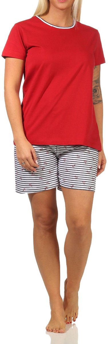 Normann Maritieme dames shorty pyjama met korte mouwen, gestreepte broek - 112 205 10 717 rot