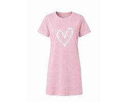 Roze Dames Pyjama Jurk met Hartje – Maat L (valt als M) – Korte mouwen, Ronde hals - Nachtkleding Dames - T-shirtjurk