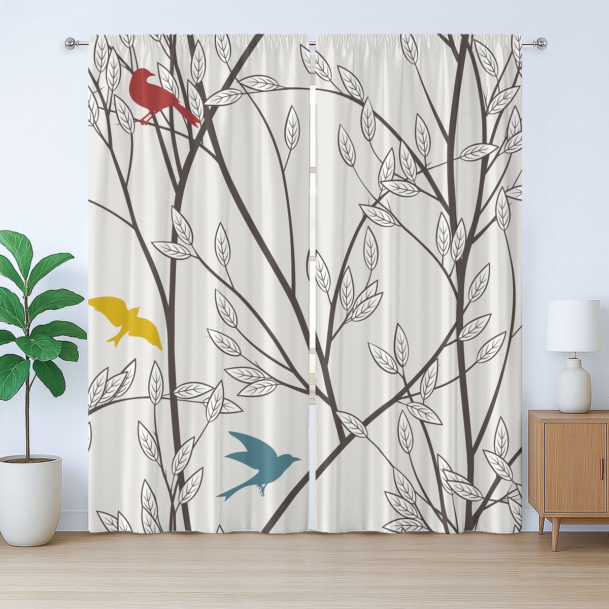 ABAKUHAUS Rustiek Vogelgordijn, Dieren in Cartoonstijl, met Bandjes voor de Woonkamer met Lussen en Haken, 280 x 175 cm, Mosterd