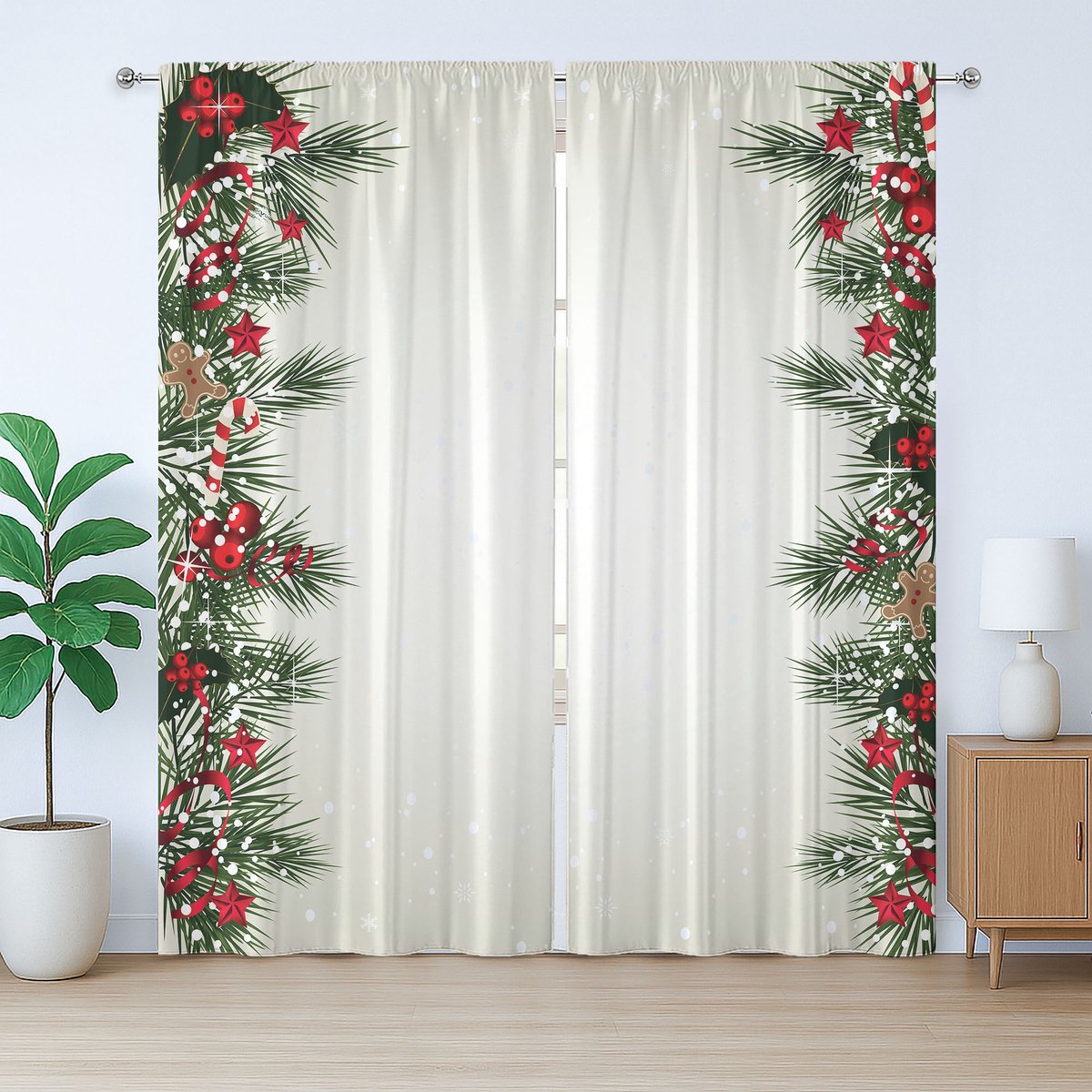 ABAKUHAUS Rustiek kerstgordijn, Takken en Bessen, Gordijn met plooien en haken voor de slaapkamer, 280 x 175 cm, Groen Taupe