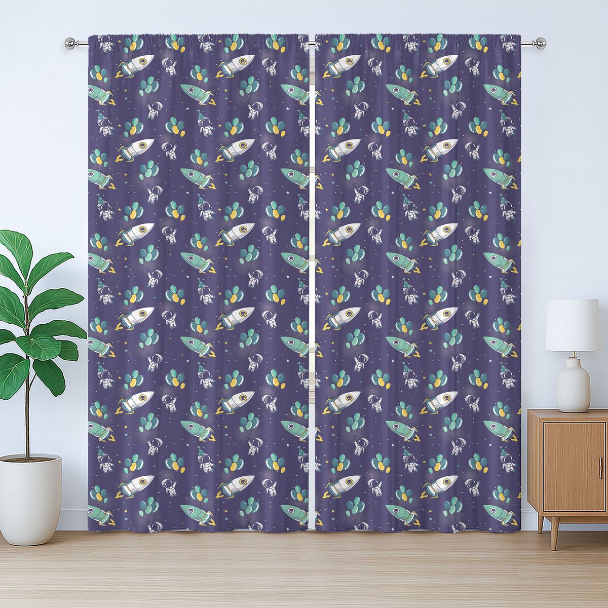 ABAKUHAUS Feestgordijn in rustieke stijl, ballonnen aan raketten, slaapkamergordijn met lussen en haken, 280 x 175 cm, violet, blauw, geel
