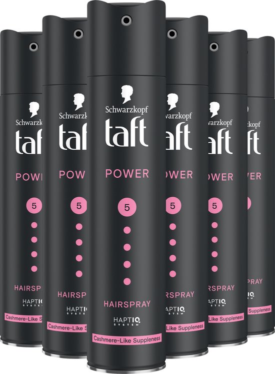 Zes zwarte bussen Taft Power haarlak met roze details en de tekst 'POWER 5'.