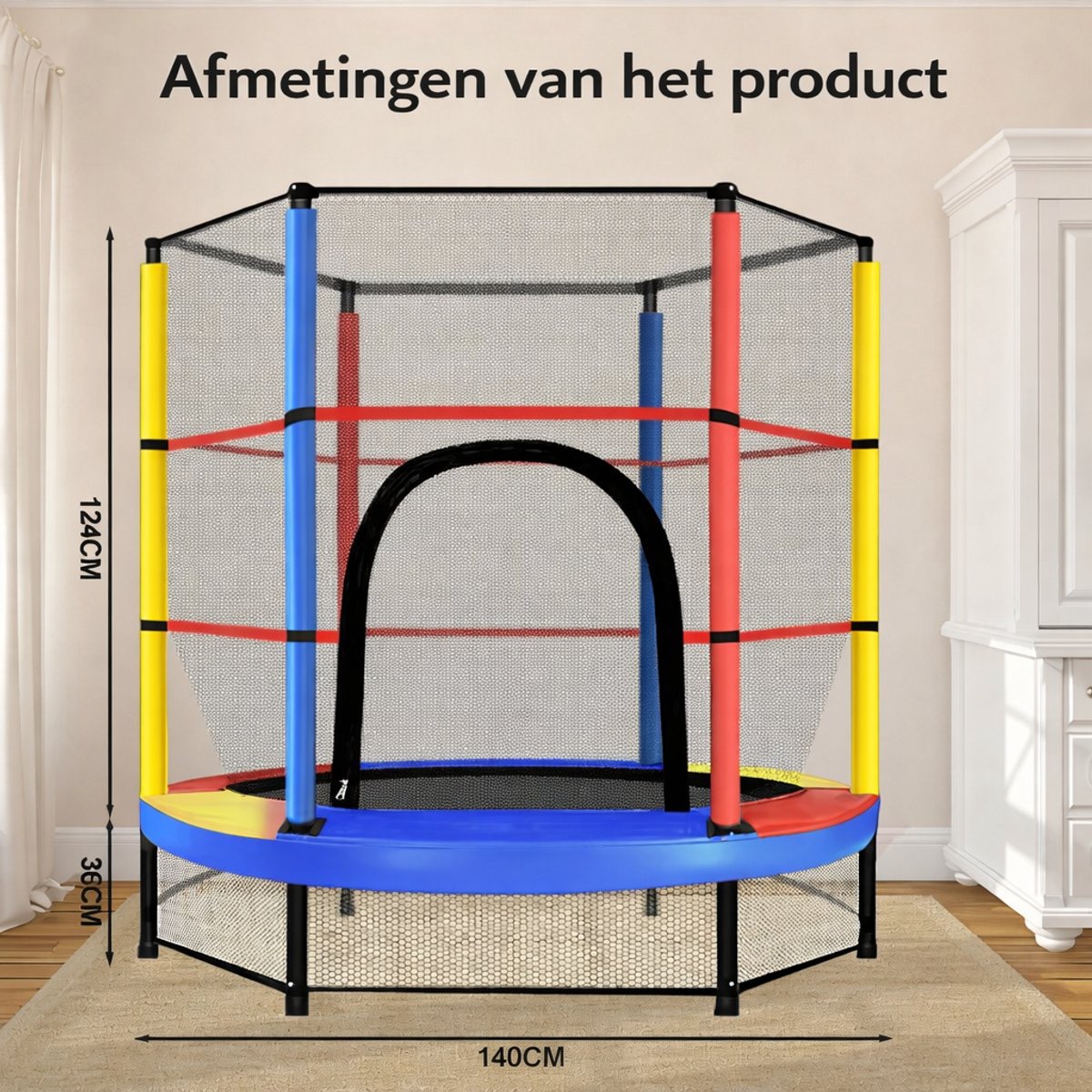 Kinder Trampoline Ø140 cm-Stalen frame-Verhoogd veiligheidsnet-Trampoline voor Binnen en Buiten-Multicolor – foto 7