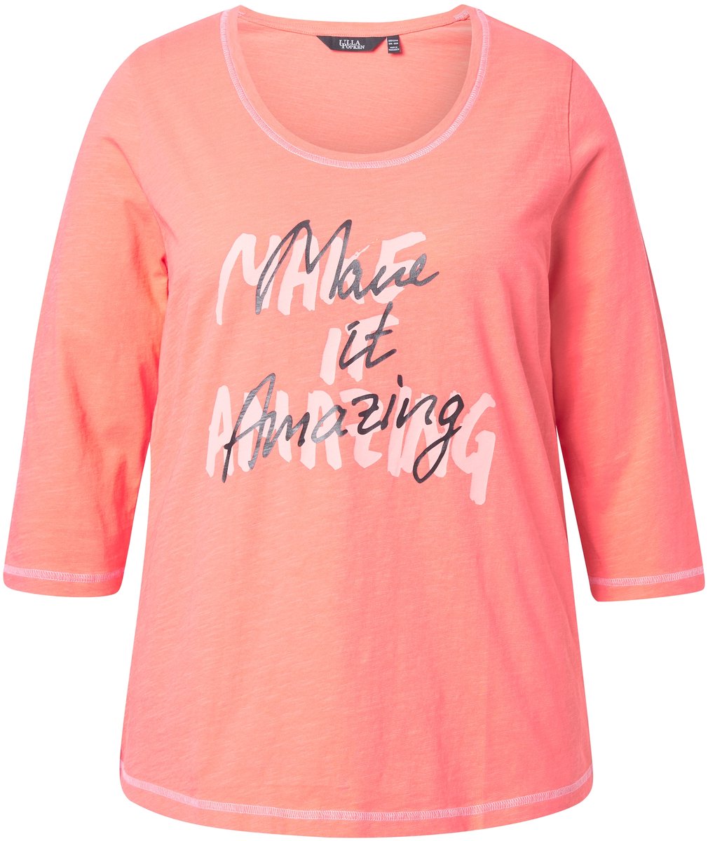 Ulla Popken - Dames - Shirt tekstmotief A-lijn ronde hals 3/4-mouw - Koraal - Maat 46+