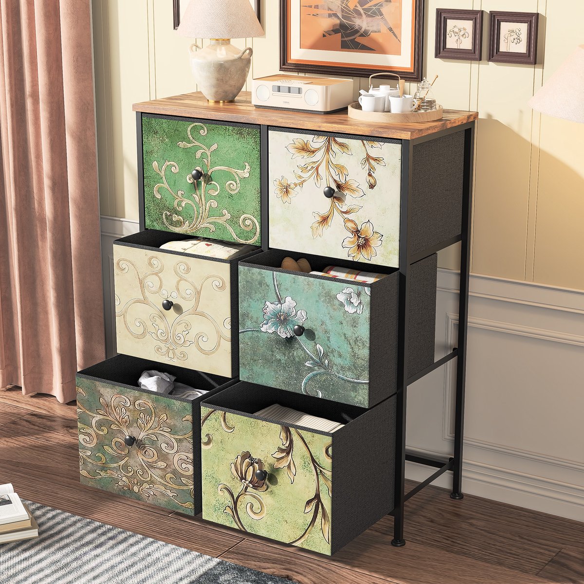 Vintage ladekast met 6 stoffen lades, 3-laags kast, kaptafel voor de slaapkamer, bijzettafel voor de woonkamer, metalen frame, 67x30x86cm