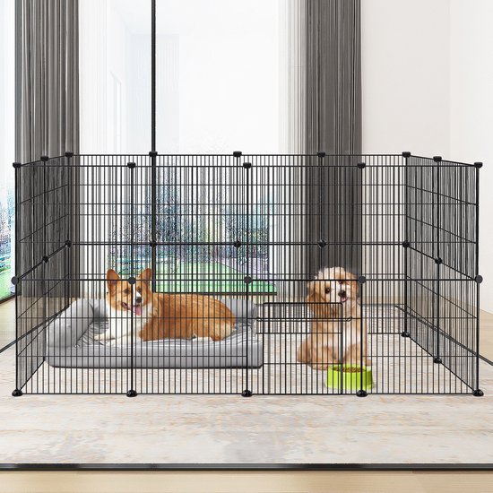 Zwarte ren met een bruine corgi op een grijs kussen en een kleine hond op een groen kussen.