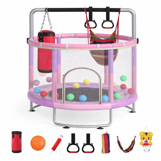 Kinder Trampoline Ø150 cm-Ringleuning-Basketbalring- Multifunctionele Trampoline- Roze