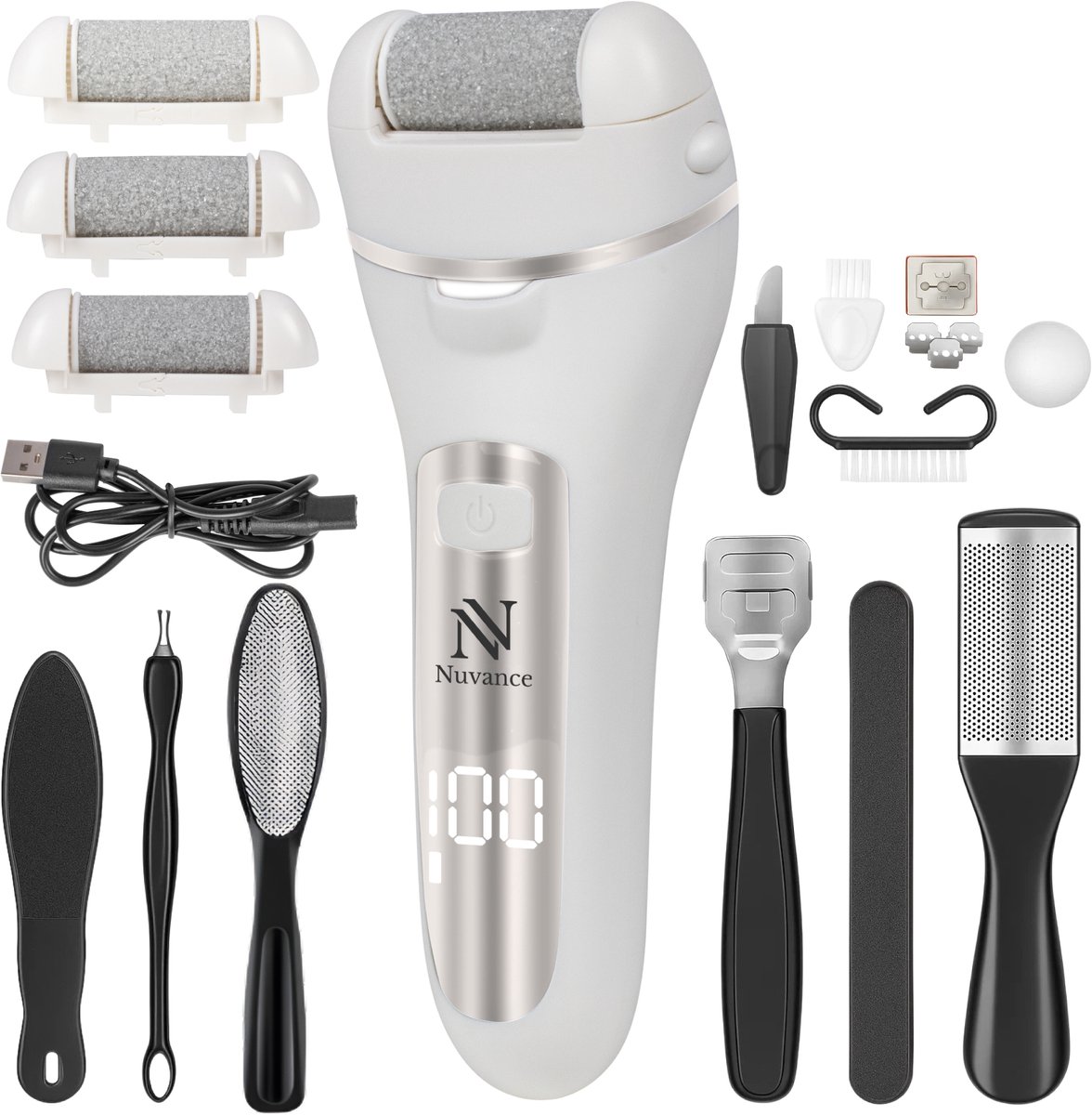 Nuvance Eeltverwijderaars - Pedicureset Electrisch - 18 Delig - Elektrische Eeltverwijderaar - Voetvijl - Professioneel - Wit