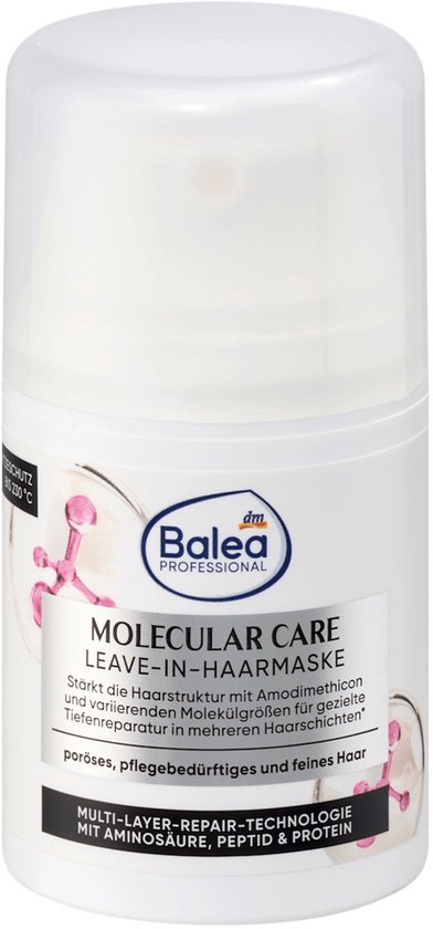 Witte Balea Professional verpakking met 'Molecular Care Leave-in Haarmaske' en roze molecuulafbeeldingen. Geschikt voor poreus, fijn en verzorgingsbehoeftig haar.