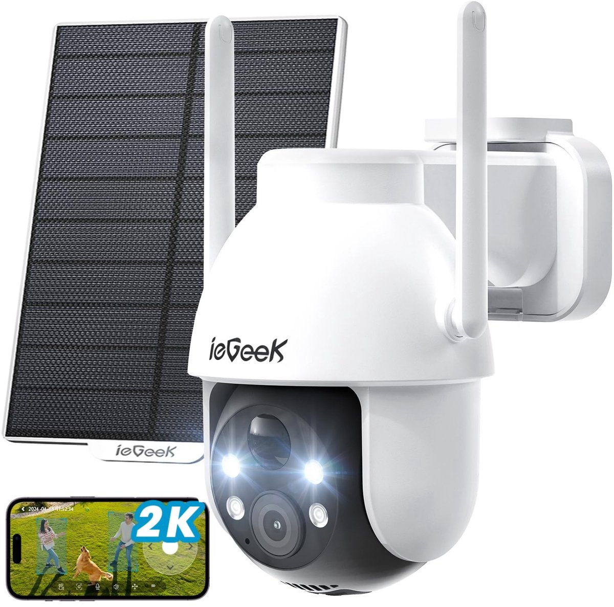 ieGeek Beveiligingscamera Draadloos Buiten - 2K Solar Wifi Camera - voor Huisbeveiligingssysteem - Batterijgevoede Bewakingscamera met Zonnepaneel - 360° PTZ - Kleuren Nachtzicht - Bewegingssensor - Werkt met Alexa
