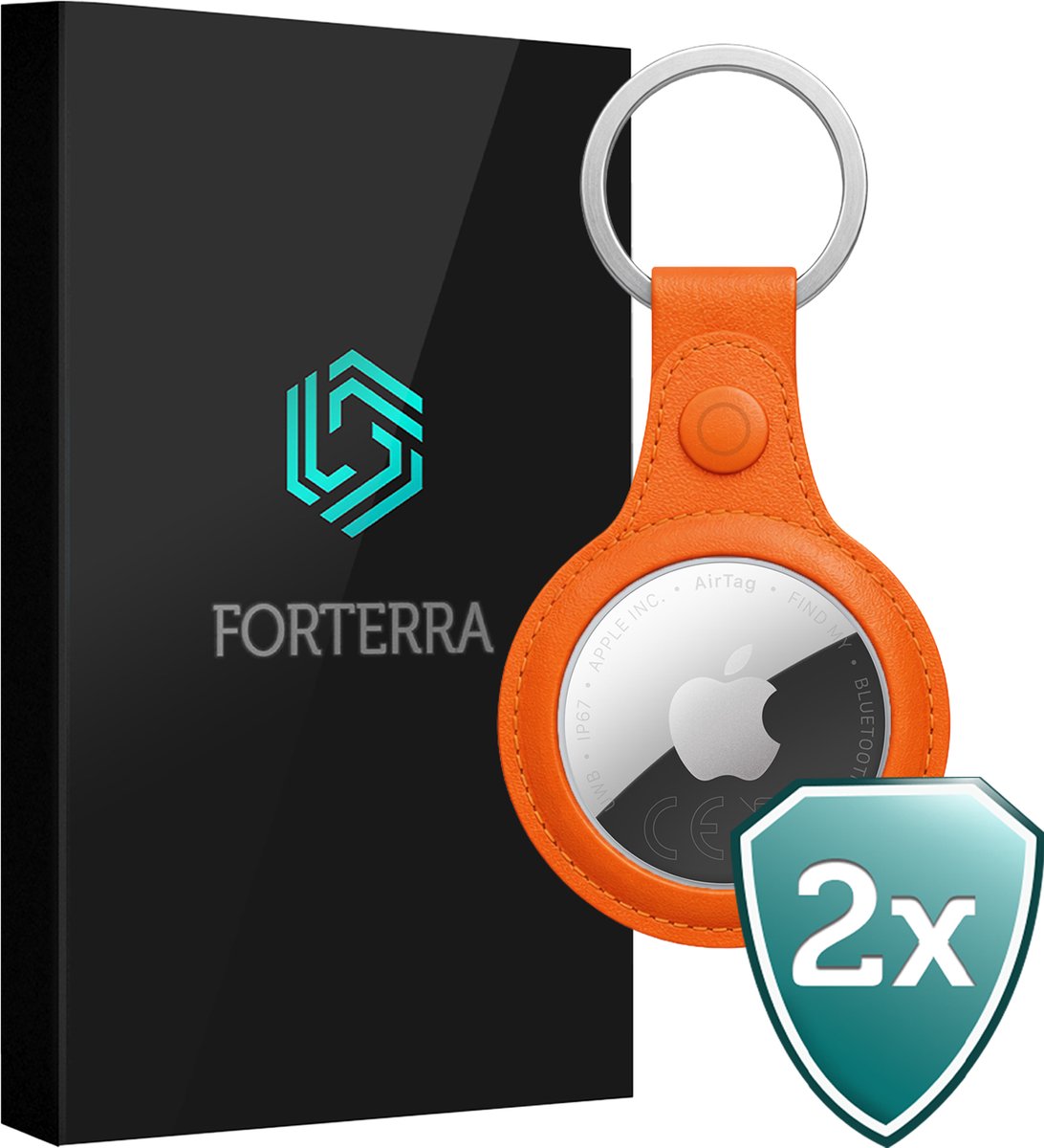 Forterra Sleutelhanger - Geschikt voor Apple AirTag 2 - Houder - PU-leer Hoesje - Oranje - 2 PACK