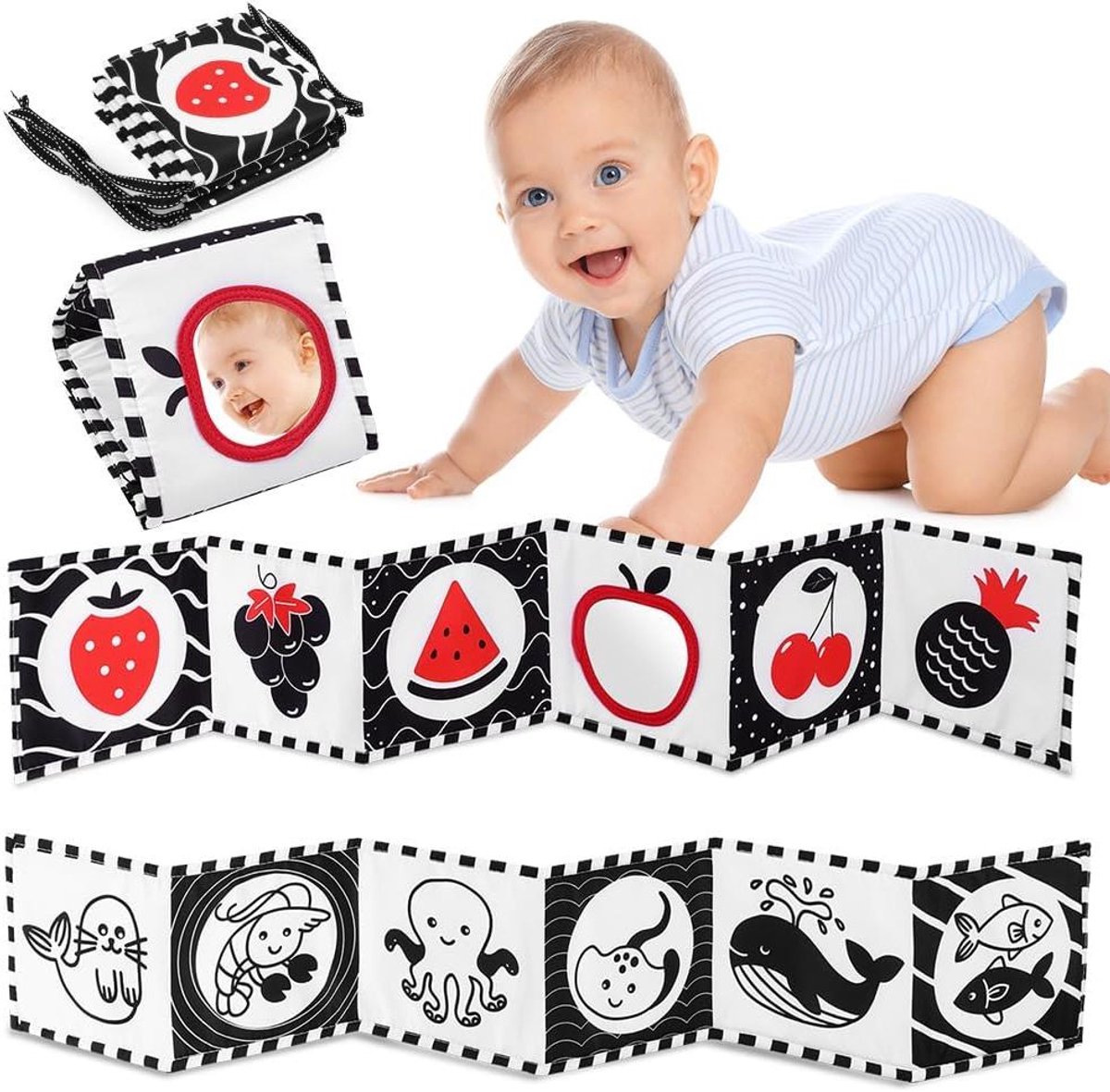 Stoffen babyboek met spiegel en ritselpapier - Zintuiglijke speelboek voor pasgeboren baby's met oceaan en fruit thema