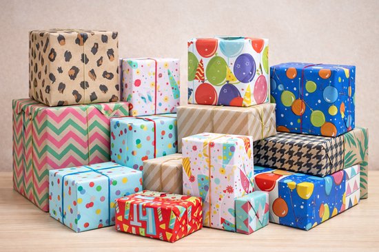 Inpakpapier - Happy & Kraft Mix - 6 Rollen - 200x70cm - FSC & Plasticvrij - Cadeaupapier
