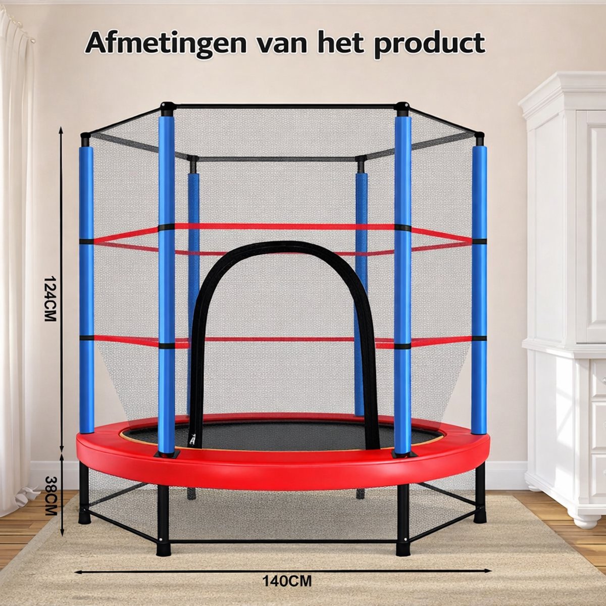 Trampoline Ø140 cm – Kinder Trampoline voor Binnen en Buiten – met Verhoogd Veiligheidsnet en Stalen Frame – Blauw/Rood — afbeelding 7