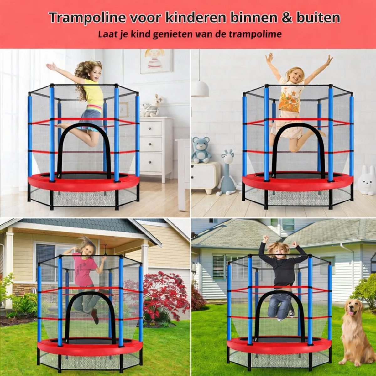 Trampoline Ø140 cm – Kinder Trampoline voor Binnen en Buiten – met Verhoogd Veiligheidsnet en Stalen Frame – Blauw/Rood — afbeelding 3