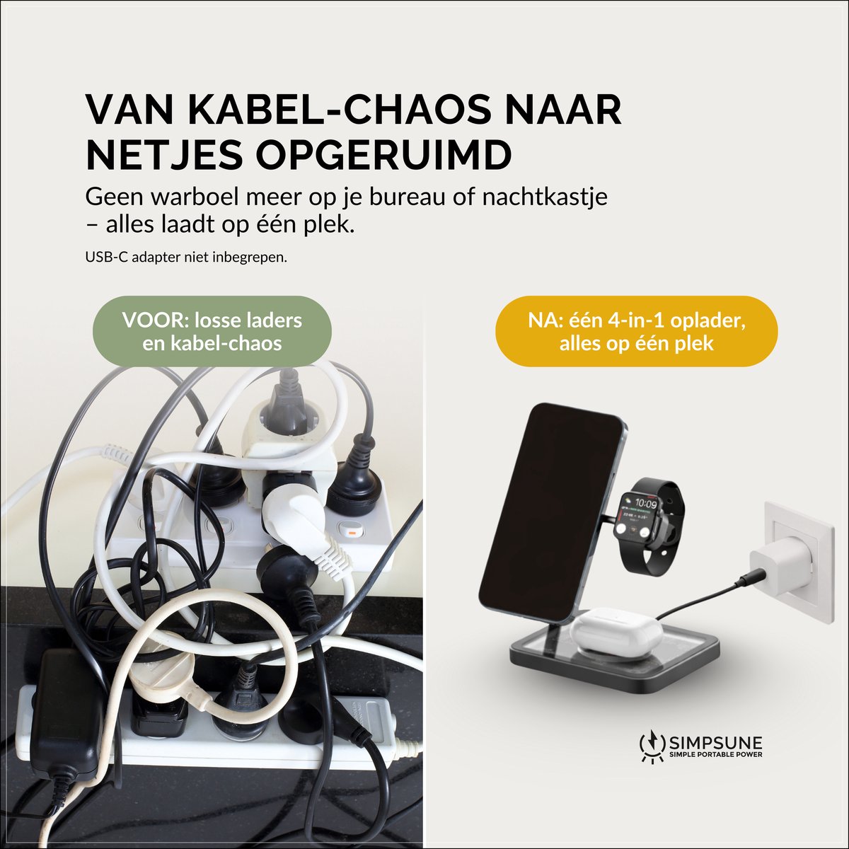 SimpSune 3 in 1 draadloze oplader – geschikt voor Apple Watch oplader – Wireless Charger oplaadstation geschikt voor MagSafe‑smartphones, Apple Watch & AirPods – verstelbaar dock van premium metaal & glas voor bureau & nachtkastje — cadeau in Gadgets - foto 3