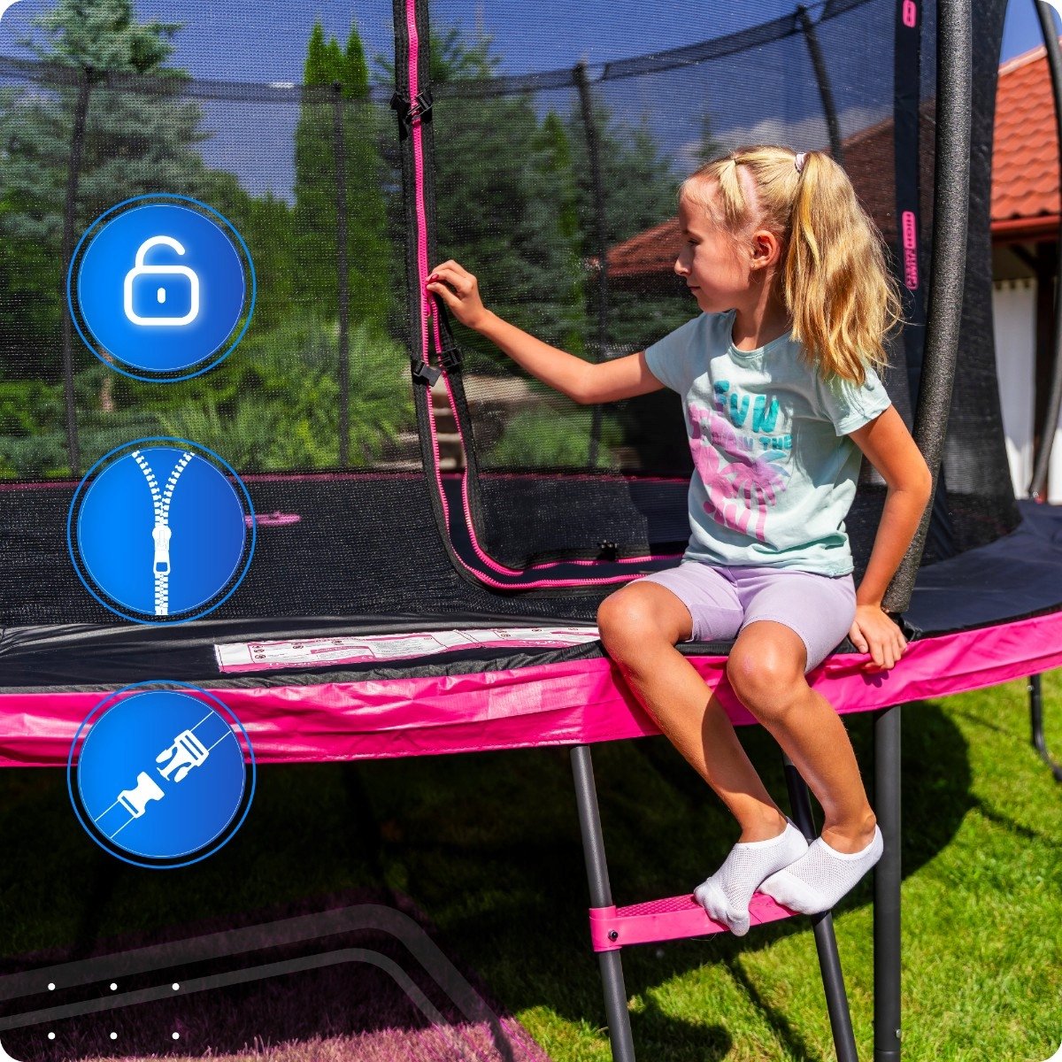 Grote Tuintrampoline 488 cm met Veiligheidsnet en Ladder – Ronde Outdoor Trampoline voor Kinderen en Volwassenen – Max 150 kg – Complete Set Roze — afbeelding 8