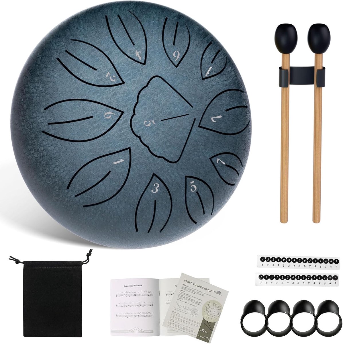 Tongdrum - Stalen Tongtrommel - 6 Inch - 11 Noten - D Majeur - Steel Tongue Drum voor Beginners - Handpan Percussie - Blauw - Inclusief Drumsticks