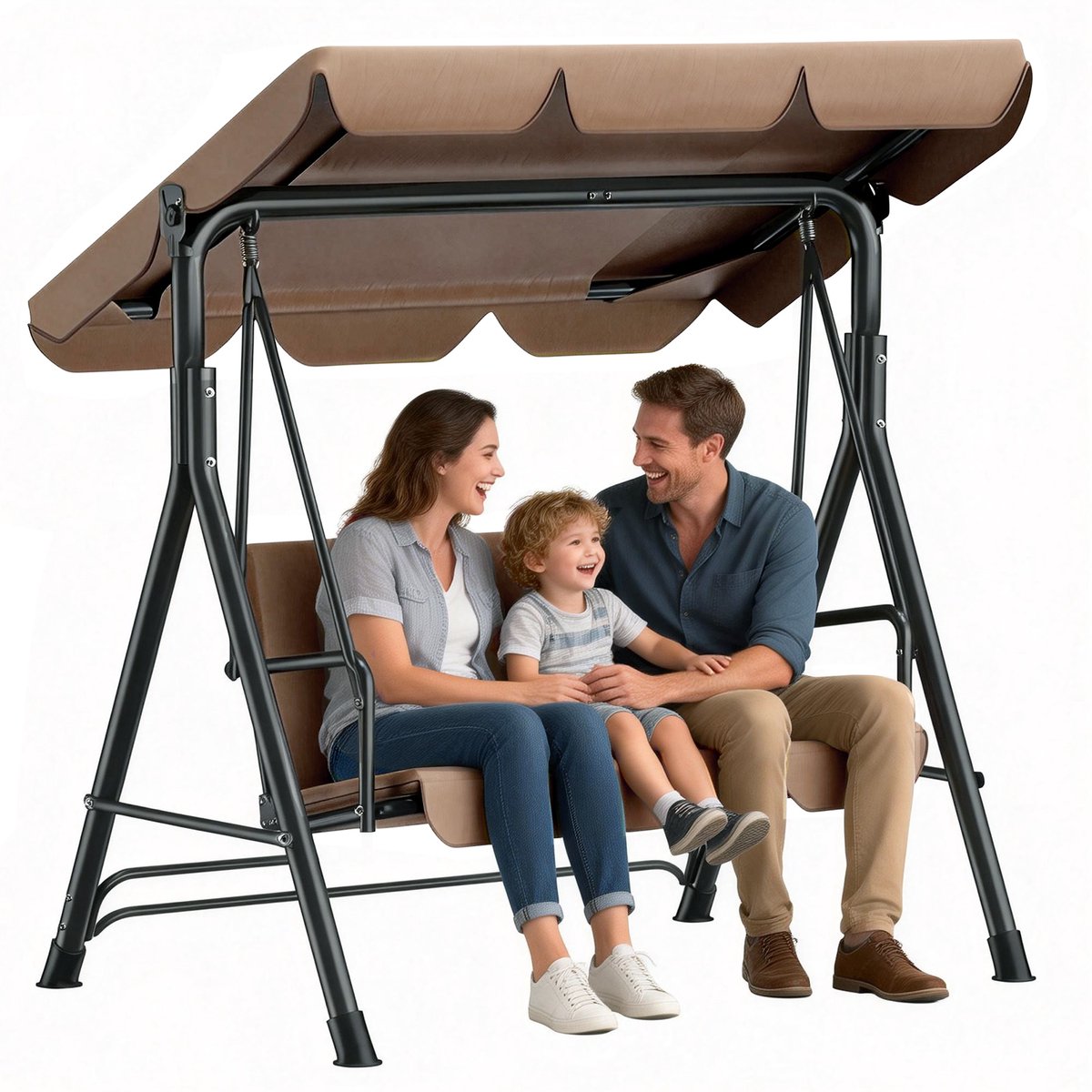 Soontrans - Tuinschommel 3-Zits Met Verstelbaar Zonnedak - Schommelbank Antislip voetsteunen - Hollywoodschommel - Tuinhangmat - Stevig Metalen Frame Voor Tuin Terras - Hangmatbank 175.5x110x152cm - Tuinhangmat Weerbestendig Met Kussen - Donkerbruin