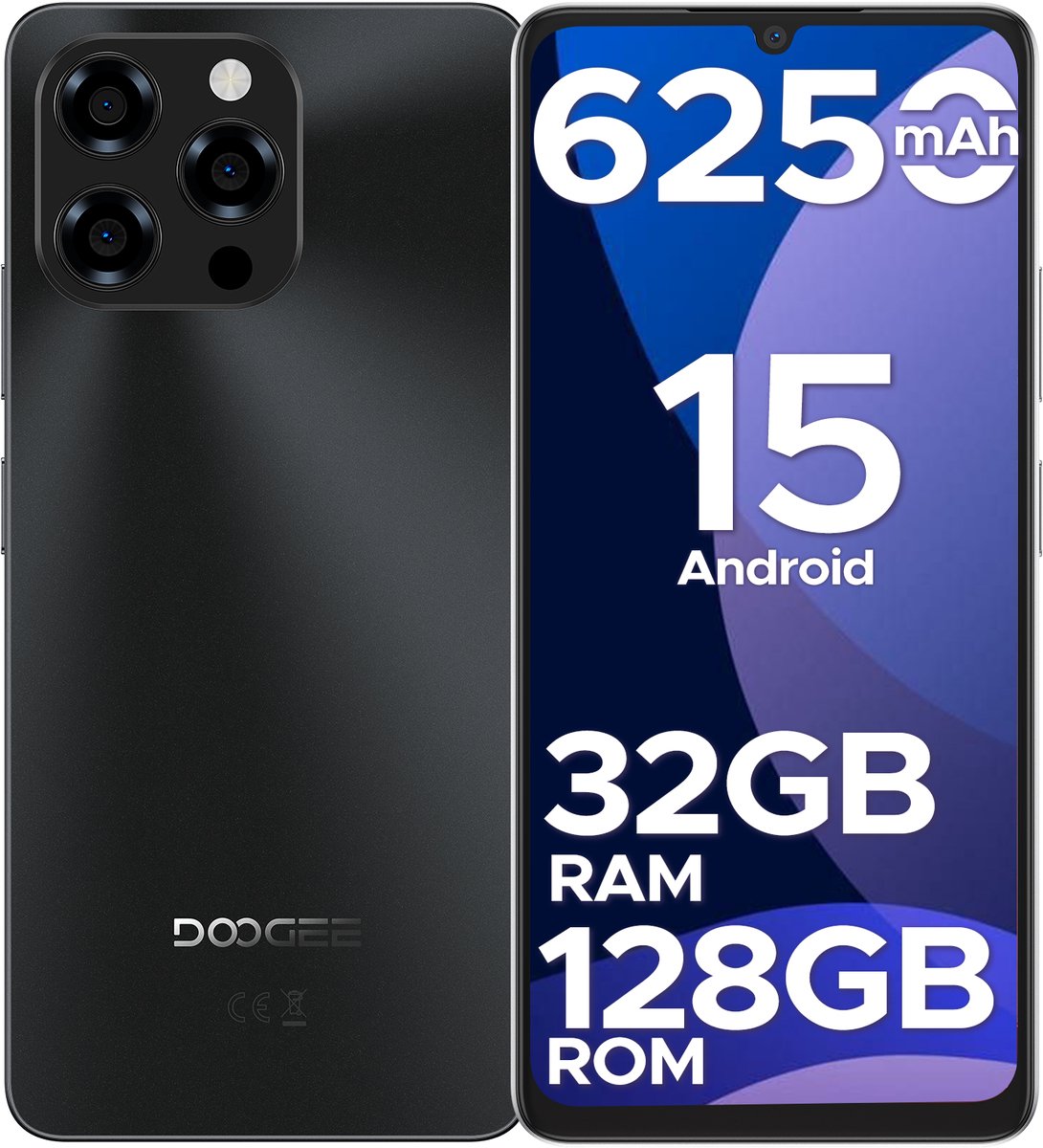 DOOGEE Note 58 4G- Smartphone - 32 GB RAM + 128 GB ROM (2TB/TF) - Android 15 - 6250 mAh - 6,75 Inth 90 Hz - AI-camera 16 MP - Face ID - NFC - GPS - Zwart