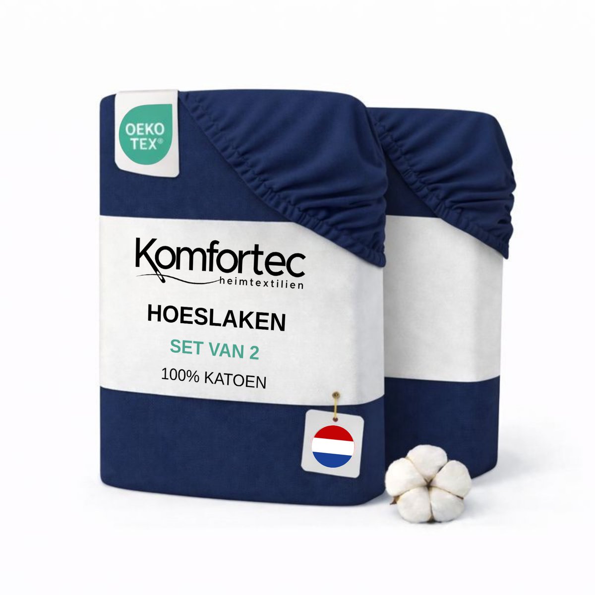 Komfortec Jersey Stretch 2-delige Hoeslaken Set 180x200 cm, Dubbelpak, 23 cm Matrasdikte, Rondom Elastiek, 100% Katoen, Blauw