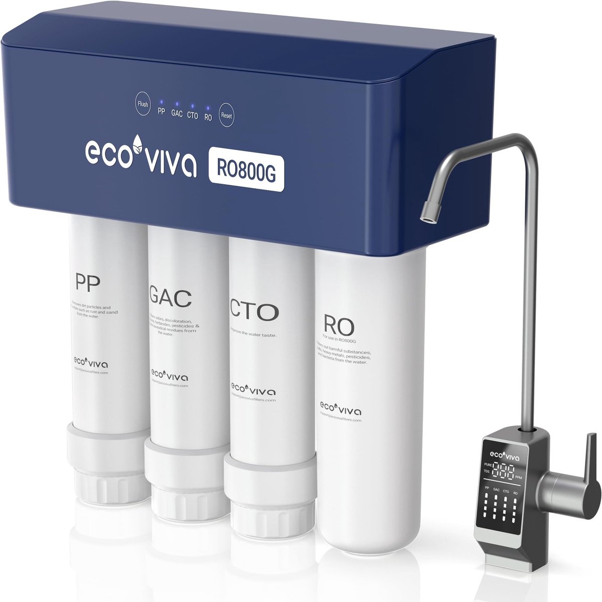 Ecoviva RO800G Waterfilter - Onderbouw Omgekeerd Osmose Systeem - 2,1 L/min Doorstroom - 3:1 Waterbesparing - TDS-Verlaging Drinkwaterfilter
