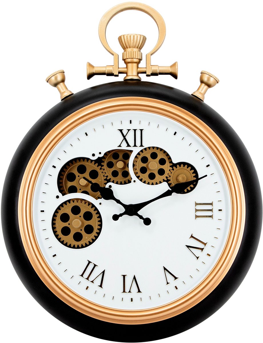 IvoQ Industriële Wandklok met Bewegende Tandwielen - Vintage Zakhorloge Design - Zwart/Goud - Metaal - Ø 30 cm